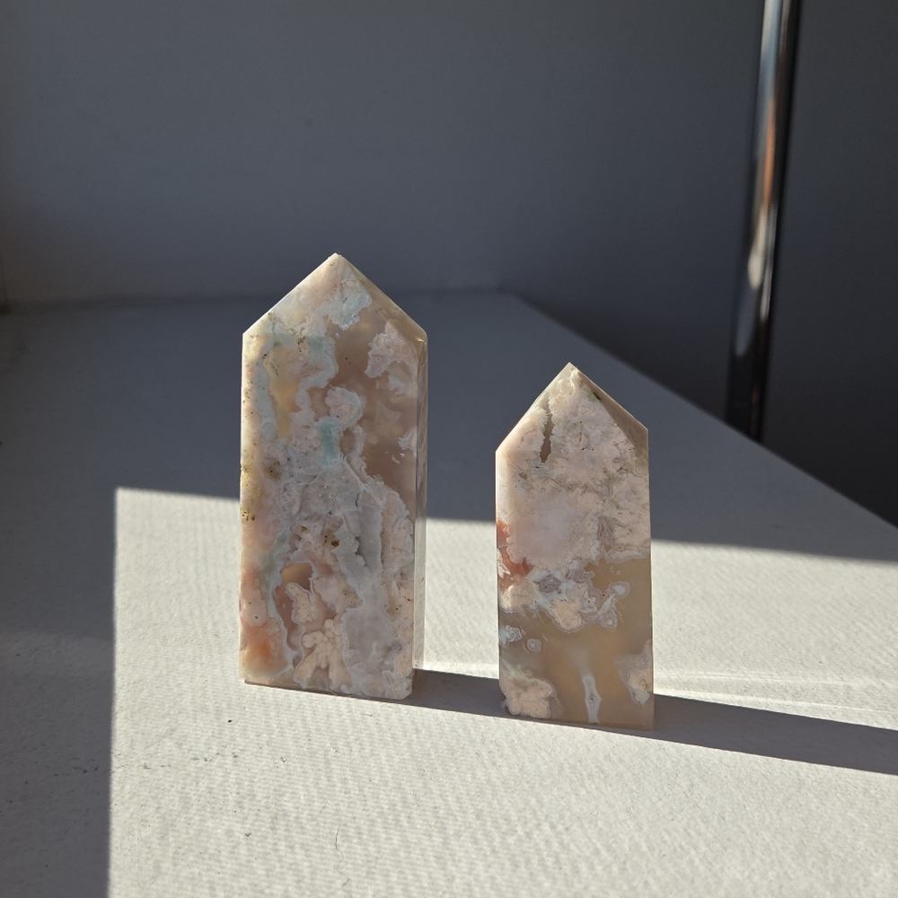 Crystal Lot Flower Agate Crystal Towers Pair Translucent Pink + White